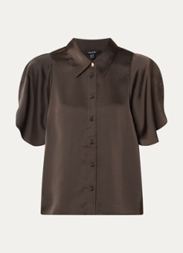 NIKKIE Dames Alethe blouse van satijn met pofmouw in de kleur Chocoladebruin