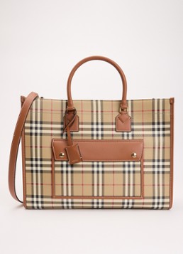 Burberry Dames Freya Medium shopper met ruitdessin en kalfsleren details in de kleur Khaki, maat: One Size