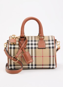 Burberry Dames Check Mini Bowling handtas met kalfsleren details in de kleur Cognac, maat: One Size