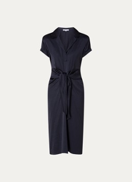 Gerard Darel Dames Rosy midi tuniekjurk van satijn met strikceintuur in de kleur Donkerblauw