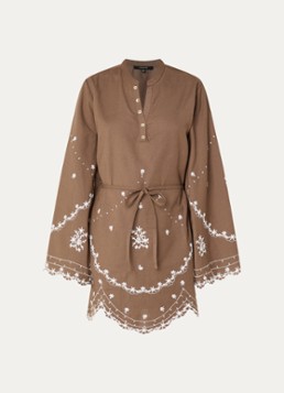 NIKKIE Dames Rianxo mini jurk in linnenblend in de kleur Hazelnootbruin