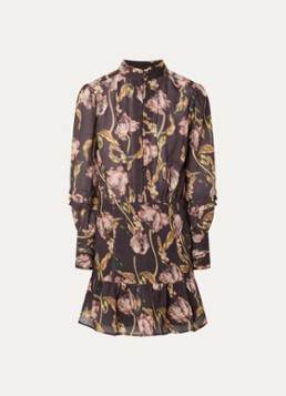 NIKKIE Dames Apillone mini blouse jurk met boemenprint en volant in de kleur Chocoladebruin