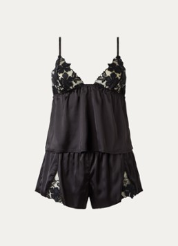 Bluebella Dames Alara pyjamaset van satijn met mesh en borduring in de kleur Zwart, maat: 38