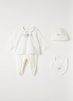 Fendi Jongens Set van babypak met muts en slab in giftbox 3-delig in de kleur Gebroken wit, maat: 3M=62