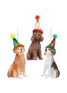 Gisela Graham Hond met Feesthoed kersthanger 12 cm set van 3 Bruin - Deal