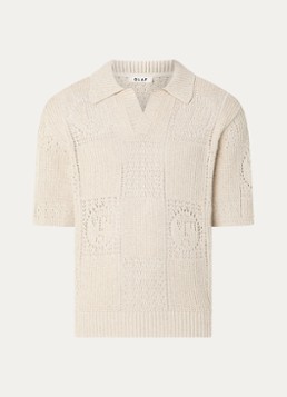 OLAF Heren Grofgebreide regular fit polo in linnenblend met opengewerkt dessin in de kleur Beige, maat: S
