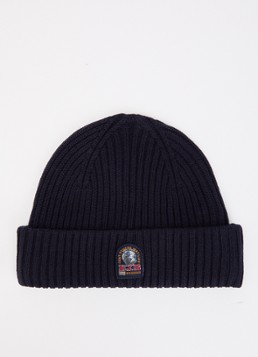 Parajumpers Heren Matio ribgebreide muts in merino wolblend met logo in de kleur Donkerblauw, maat: L/XL
