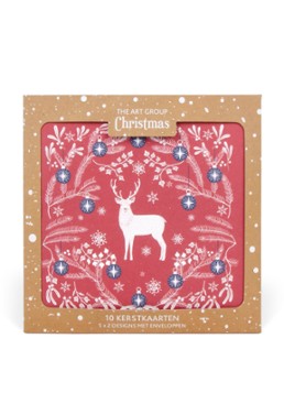 Art Group Square Hert/Duif in kersttakken - 2 designs - Kerstkaart met envelop set van 10 Steenrood - Deal