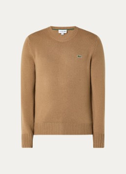 Lacoste Heren Fijngebreide trui van wol met logo in de kleur Zand, maat: M