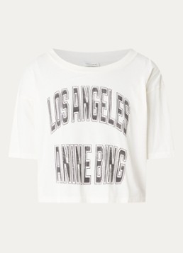 Anine Bing Dames Johnny cropped T-shirt met logoprint in de kleur Gebroken wit, maat: M
