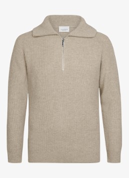 Profuomo Heren Ribgebreide trui van wol met halve rits in de kleur Beige, maat: XXL