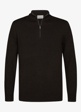Profuomo Heren Fijngebreide trui in zijdeblend met halve rits in de kleur Donkerbruin, maat: XL
