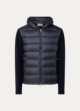Moncler Heren Ribgebreid vest van scheerwol met gewatteerd voorpand met donsvulling in de kleur Donkerblauw, maat: S
