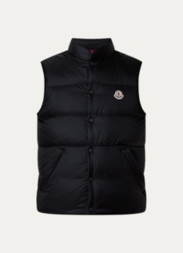 Moncler Heren Tuquerouye gewatteerde bodywarmer met donsvulling en logo in de kleur Zwart, maat: 4/XL