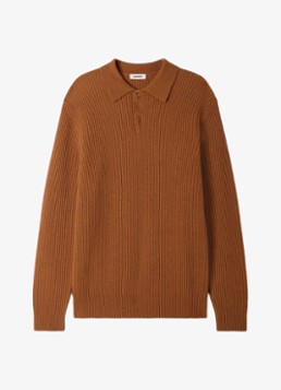 Sandro Heren Ribgebreide trui van wol met polokraag in de kleur Bruin / Oranje