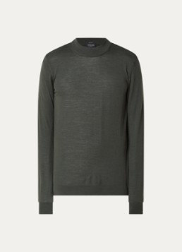 Strellson Heren Marek fijngebreide pullover van wol met col in de kleur Groen, maat: S