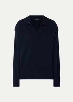 River Woods Dames Fijngebreide trui van wol met polokraag in de kleur Donkerblauw