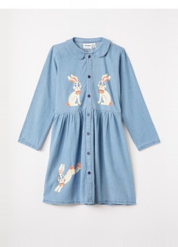 Mini Rodini Meisjes Denim Rabbit blousejurk van denim met print in de kleur Indigo, maat: 116/122