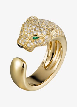 Cartier Dames Panthère de Cartier ring, medium model van 18 karaat geelgoud met onyx, smaragd en 1.15 ct diamant CRN42250 in de kleur Geelgoud