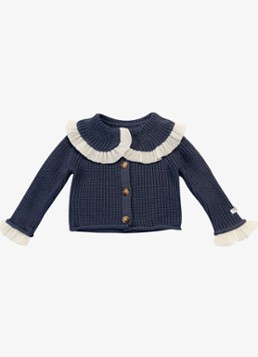Donsje Amsterdam Meisjes Zoila grofgebreid vest met ruches in de kleur Donkerblauw, maat: 6-7Y=122