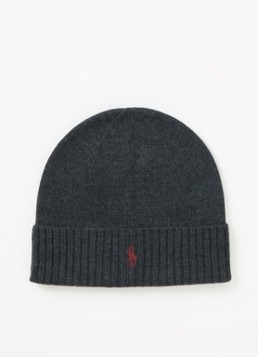 Ralph Lauren Heren Fijngebreide muts van wol met logoborduring in de kleur Antraciet, maat: ONE SIZE