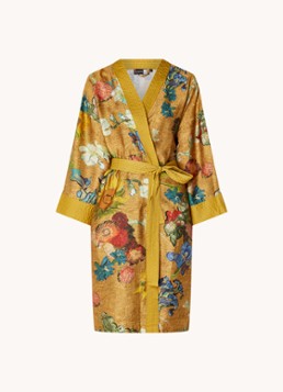 Van Gogh Museum Dames Kimono van satijn met bloemenprint in de kleur Goud, maat: L/XL
