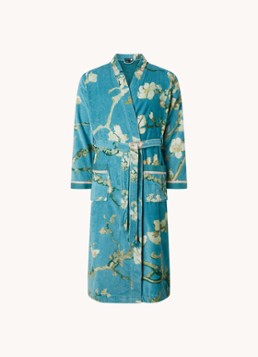Van Gogh Museum Dames Blossom badjas van katoen met bloemenprint in de kleur Turquoise, maat: M