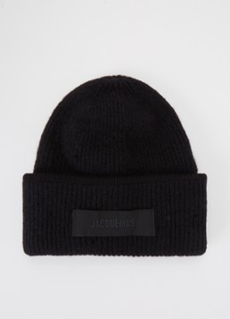 Jacquemus Heren Le Bonnet ribgebreide muts in alpaca wolblend met logo in de kleur Zwart, maat: OS