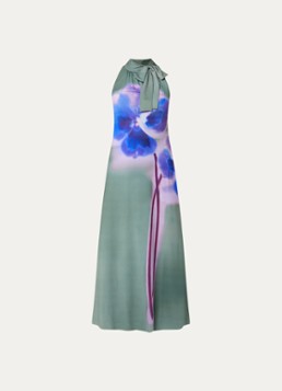 Max & Co Dames Lorena midi jurk met bloemenprint en sjaalkraag in de kleur Olijfgroen