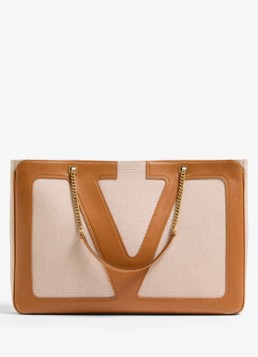 Valentino Garavani Dames Viva Superstar Large schoudertas van canvas met lamsleren details in de kleur Camel