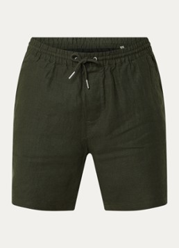 NN.07 Heren Gregor straight fit korte broek van linnen met steekzakken in de kleur Legergroen, maat: S