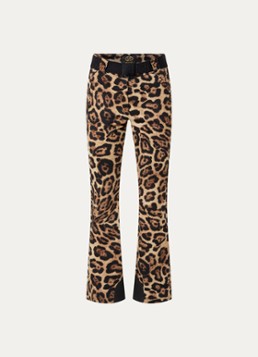 Goldbergh Dames Minou high waist flared fit skibroek met panterprint in de kleur Bruin, maat: 42