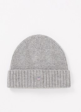 Gant Heren Ribgebreide muts in wolblend met logo in de kleur Grijsmele, maat: ONE SIZE