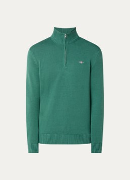 Gant Heren Fijngebreide trui met halve rits en logo in de kleur Donkergroen, maat: S