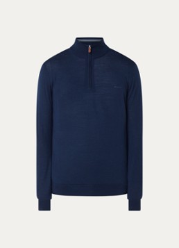 Gant Heren Fijngebreide trui in merino wol met halve rits in de kleur Donkerblauw, maat: S