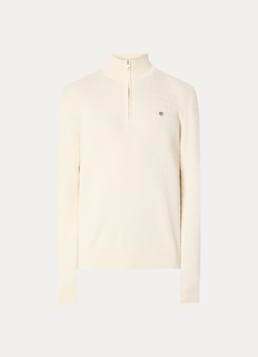 Gant Heren Fijngebreide trui met halve rits en logoborduring in de kleur Creme, maat: XL