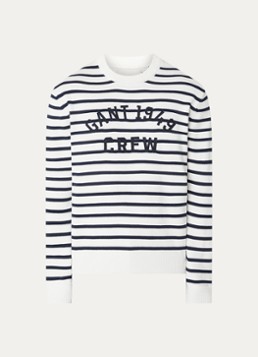 Gant Heren Fijngebreide trui logoborduring en streepprint in de kleur Gebroken wit, maat: XXXL