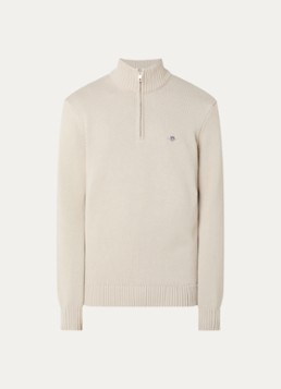 Gant Heren Fijngebreide trui met halve rits en logoborduring in de kleur Creme, maat: XXXL