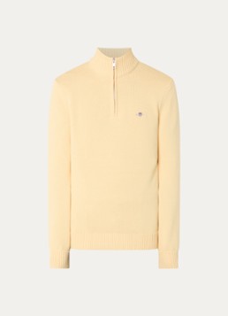 Gant Heren Fijngebreide trui met halve rits en logoborduring in de kleur Geel, maat: XXL