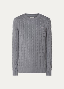 Gant Heren Kabelgebreide trui met logoborduring in de kleur Middengrijs, maat: S