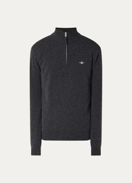 Gant Heren Fijngebreide pullover van wol met halve rits in de kleur Antraciet, maat: XXXL