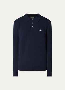 Gant Heren Fijngebreide pullover van lamswol met logoborduring in de kleur Donkerblauw, maat: XXXL