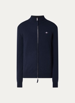 Gant Heren Fijngebreide pullover van lamswol met logoborduring in de kleur Donkerblauw, maat: XXXL