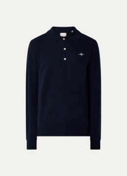 Gant Heren Fijngebreide pullover met polokraag en logoborduring in de kleur Donkerblauw, maat: M