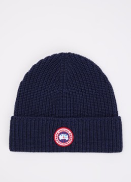 Canada Goose Heren Ribgebreide muts van wol met logo in de kleur Donkerblauw, maat: OS