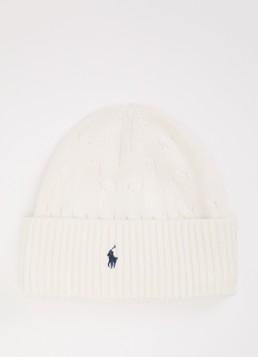Ralph Lauren Jongens Ribgebreide muts met logoborduring in de kleur Gebroken wit, maat: L/XL=164