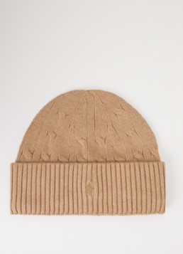 Ralph Lauren Jongens Ribgebreide muts met logoborduring in de kleur Camel, maat: S/M=140