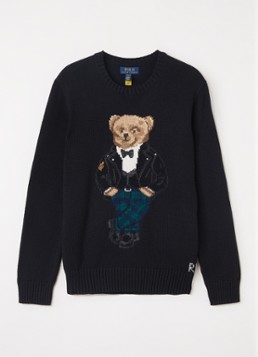 Ralph Lauren Jongens Grofgebreide trui met ingebreide logoprint in de kleur Zwart, maat: M=140