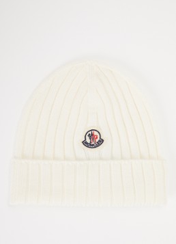Moncler Meisjes Ribgebreide muts van wol met logo in de kleur Ivoor, maat: XXS