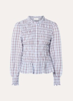 Neo Noir Dames Mocca blouse met smockwerk en ruitdessin in de kleur Lichtblauw, maat: 42